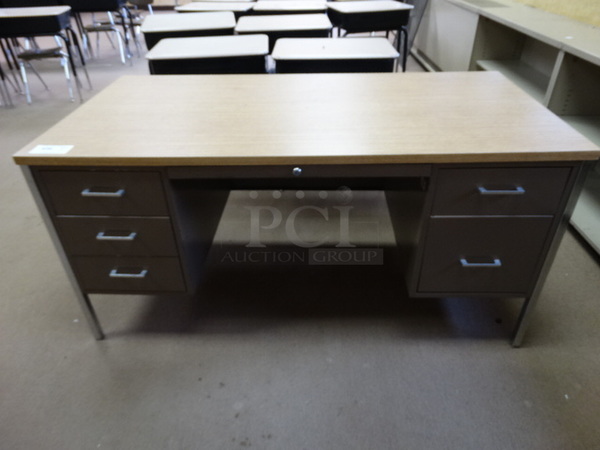 Metal Desk w/ Wood Pattern Desktop and 5 Drawers. 60x30x30. (Room 204)