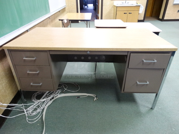 Metal Desk w/ Wood Pattern Desktop and 5 Drawers. 60x30x30. (Room 205)