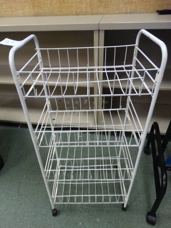 White 4 Tier Basket Style Cart on Casters. 14x9x31. (Room 207)