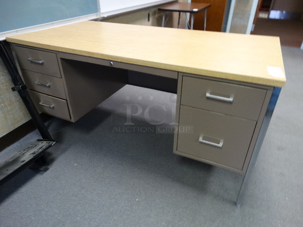 Metal Desk w/ Wood Pattern Desktop and 5 Drawers. 60x30x30. (Room 208)