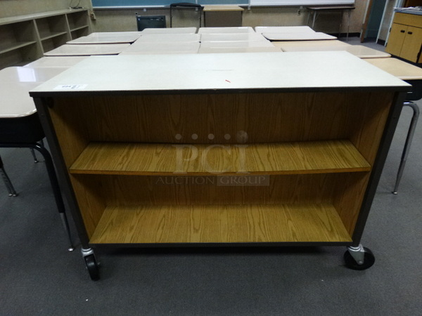 Wood Pattern Double Sided Cart w/ 2 Shelves on Commercial Casters. 48x22x34. (Room 208)