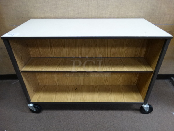 Wood Pattern Double Sided Cart w/ 2 Undershelves on Commercial Casters. 48x22x27. (Room 209)