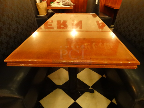 Wood Pattern Table on 2 Metal Table Legs. Stock Picture - Cosmetic Condition May Vary. 72x33x30