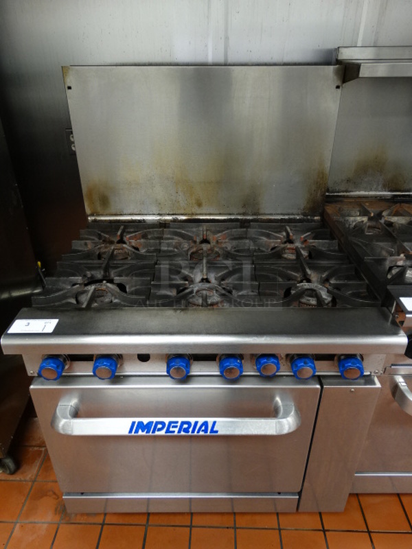 STUNNING! Imperial Model IR-6 Stainless Steel Commercial Propane Gas Powered 6 Burner Range w/ High Output Pyrocentric Burners, Lower Oven and Backsplash. 36x32x57. Tested and Working!