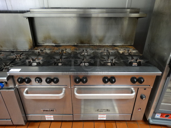 BEAUTIFUL! Vulcan Model 60SS-10BP Stainless Steel Commercial Propane Gas Powered 10 Burner Range w/ 2 Lower Ovens and Stainless Steel Overshelf on Commercial Casters. 60x34x60. Tested and Working!