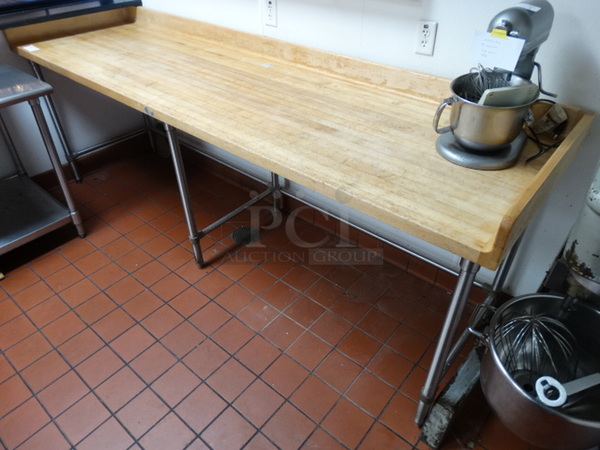 GREAT! Commercial Butcher Block Table w/ Back and Side Splash Guards on Stainless Steel Legs. 108x30x36