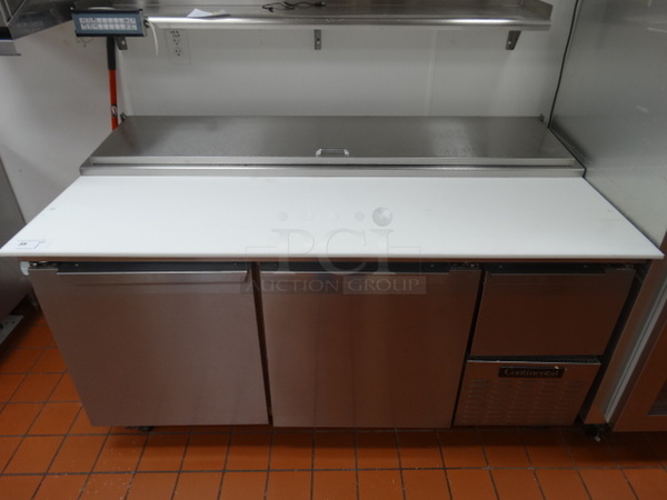 FANTASTIC! Continental Model CPA68 Stainless Steel Commercial Pizza Prep Table w/ 3 Doors, Lid and Cutting Board on Commercial Casters. 115 Volts, 1 Phase. 68x34x38. Tested and Working!