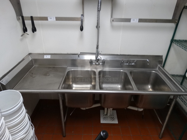 Eagle Stainless Steel Commercial 3 Bay Sink w/ Left Side Drainboard, Faucets, Handles and Spray Nozzle Attachment. 86x32x44