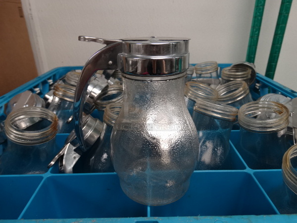 18 Poly Syrup Pourers w/ Chrome Finish Lids in Dish Caddy. 3.5x3.5x5.5. 18 Times Your Bid!