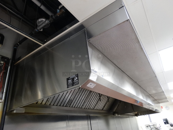 EXQUISITE! 22' CaptiveAire Stainless Steel Commercial Grease Hood w/ Comes w/ HEATED Make Up Air Fan, Ansul System, Ansul Control Box and Ansul Controller. Unit Can Be Separated Into 12' and 10' Sections. Hood Will Be Professionally Dropped/Uninstalled: Winner Will Be Charged An Additional $800 In Removal Costs On Top of Their Winning Bid. 264x32x57