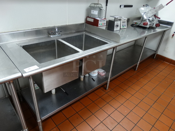 Eagle Stainless Steel Commercial 2 Bay Sink w/ Faucet, Handles, Right Side Table and Stainless Steel Undershelf. 132x30x40