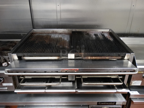 STUNNING! MagiKitch'n Model RMB48 Stainless Steel Commercial Countertop Propane Gas Powered Charbroiler w/ 2 Lower Pull Out Grates. 48x34x24. Tested and Working!