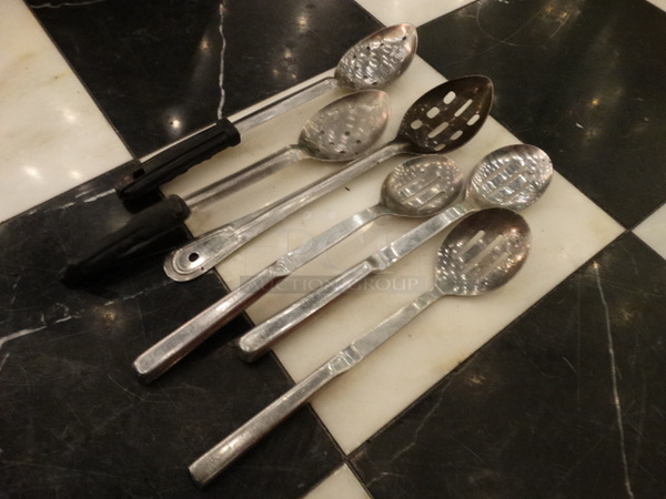 6 Various Metal Straining Serving Spoons. Includes 13