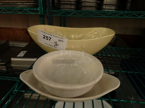 3 Various Ceramic Dishes; Oval Bowl, Bowl and Single Serving Casserole Dish. 3 Times Your Bid!