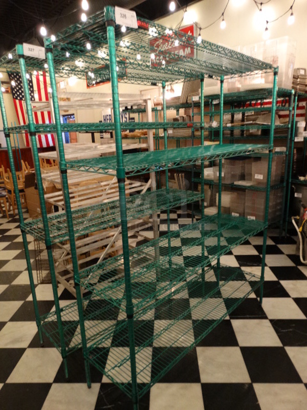 Eagle Green Finish 4 Tier Shelving Unit. 60x18x75. BUYER MUST DISMANTLE. PCI CANNOT DISMANTLE FOR SHIPPING. PLEASE CONSIDER FREIGHT CHARGES.