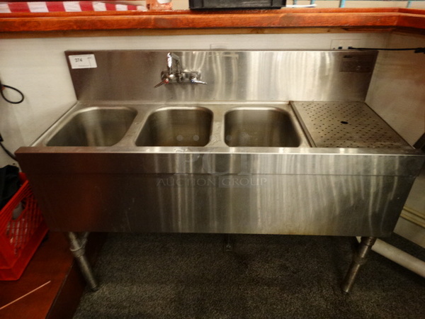 Stainless Steel Commercial 3 Bay Sink w/ Right Side Drainboard, Faucet and Handles. 48x18x36