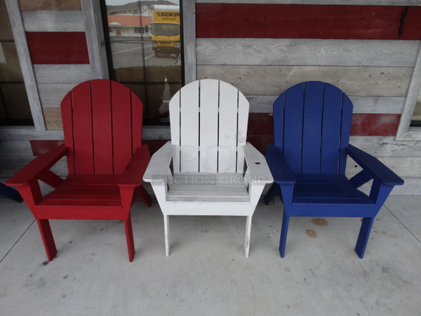 3 Patio Chairs; Red, White and Blue. Stock Picture - Cosmetic Condition May Vary. 32x34x45. 3 Times Your Bid!