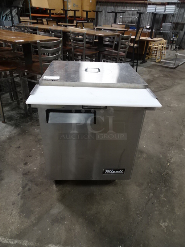 LOVELY! Migali Model C-SP27-12BT Stainless Steel Commercial 1-Door, Refrigerated Prep Table On Commercial Casters With Cutting Board Attachment And Interior Shelf. 115 Volts, 60 Hertz, & 1 Phase. TESTED & WORKING!