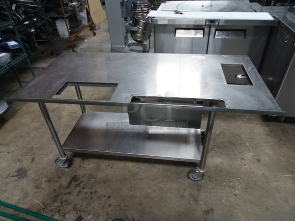 Stainless Steel Utility Table On Commercial Casters with Shelf Underneath And Cut Outs For Pans. 