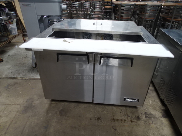 LOOK! Migali Model C-SP48-18BT Stainless Steel Commercial 2-Door, Refrigerated Prep Table On Commercial Casters With Cutting Board Attachment And Interior Shelves. 115 Volts, 60 Hertz, & 1 Phase. TESTED & TURNS ON!
