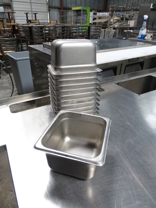 12 Times Your Bid. 12 Stainless Steel 1/6x4 Prep Table Pans. PICTURES ARE STOCK PHOTOS. COSMETIC DIFFERENCES MAY OCCUR.
