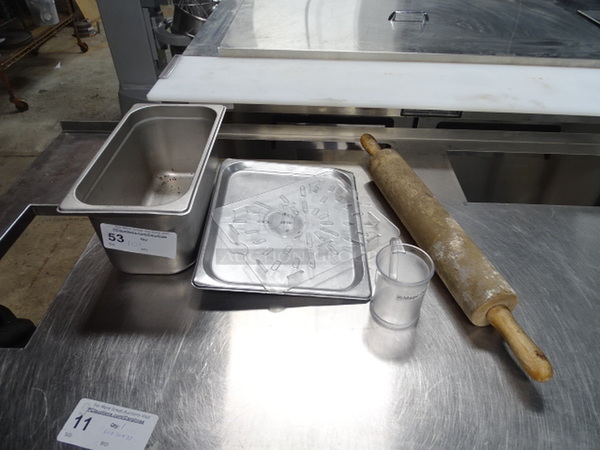 ALL ONE MONEY! Stainless Steel 1/3x6 Prep Table Pan, Prep Table Pan Strainer, Stainless Steel Lid For 1/2 Prep Table Pan, Small Measuring Cup, And Dough Roller. 