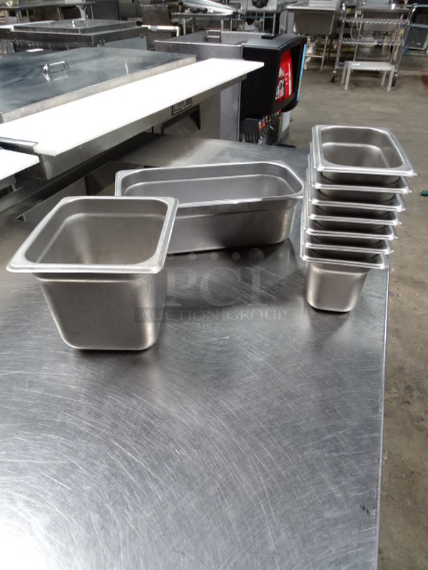 9 Times Your Bid. Stainless Steel Prep Table Pans: 1 In Size 1/6, 1 In Size 1/3, And 7 In Size 1/9.