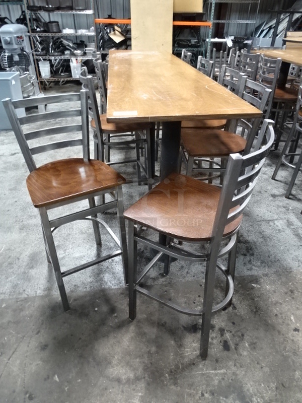 10 Times Your Bid. AMAZING! Bar-Height Seating Area With 1 Rectangle, Wooden Dining Table And 9 Chrome Finish, Ladder-Back, Non-Swivel Bar Stools With Wooden Seats.
