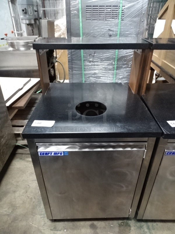 Trash Receptacle Cabinet On Commercial Casters With Overhead Shelf. PICTURES ARE STOCK PHOTOS. COSMETIC DIFFERENCES MAY OCCUR. 