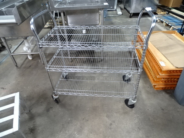 Chrome Finish Metro Shelving Cart On Commercial Casters With 3 Shelves. 