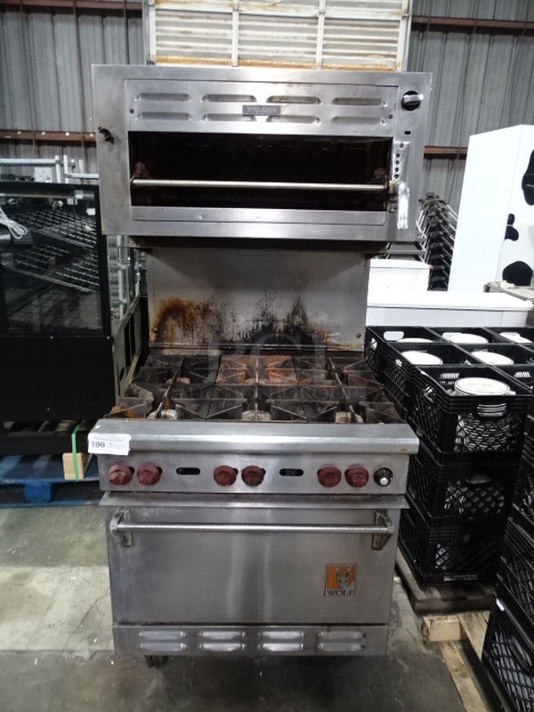 CRAZY! Stainless Steel Commercial Natural Gas 6-Burner Stove Top Range On Commercial Casters With Convection Oven Base And Overhead Salamander / Cheese Melter. 