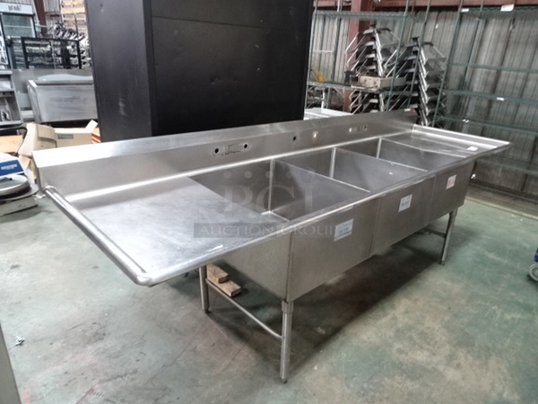 Stainless Steel 3-Bay Sink Station With Dual Drainboards And Back Splash Guard. Needs Faucets. 