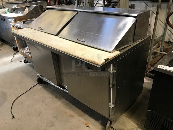 2 Door Refrigerated Mega Top Salad / Sandwich Prep Table on Casters, Includes Stainless Steel Insert Pans, 115v 1ph, Tested & Working!