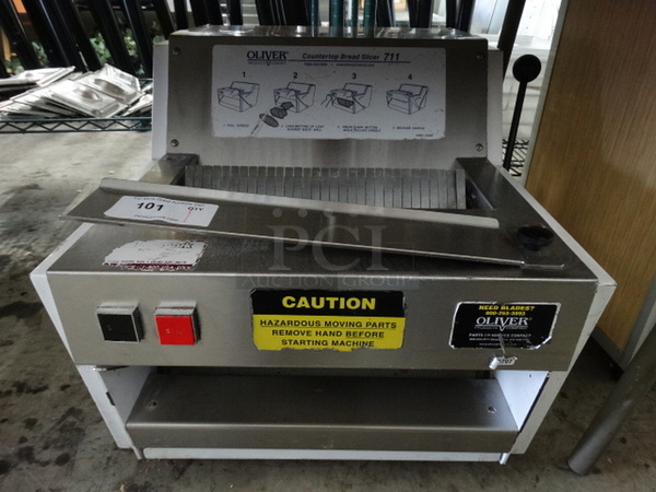 BEAUTIFUL! Oliver Model 711 Stainless Steel Commercial Countertop Bread Loaf Slicer. 115 Volts, 1 Phase. 23x28x23. Tested and Working!