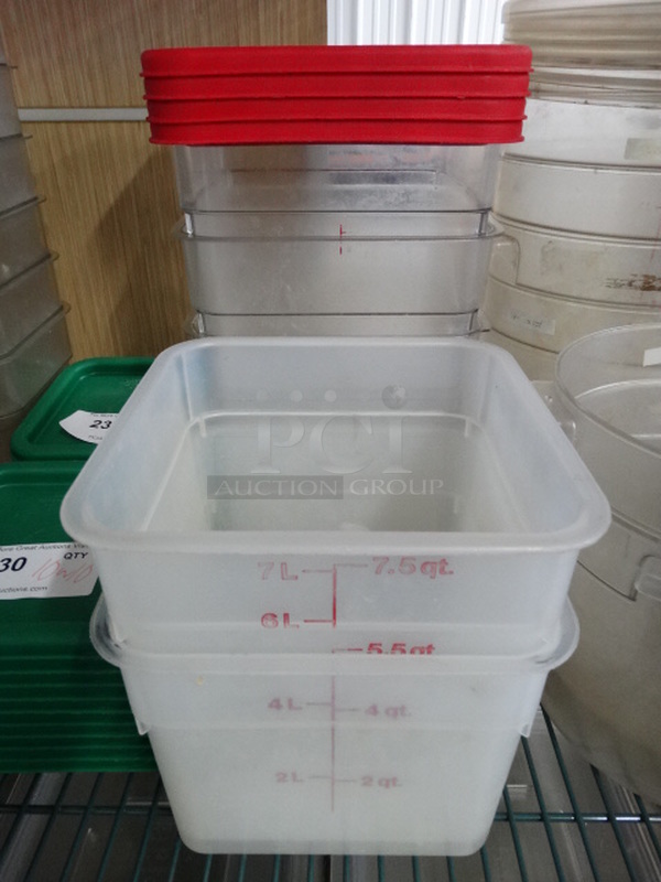 6 Poly Containers w/ 4 Red Lids. 8x8x7. 6 Times Your Bid!