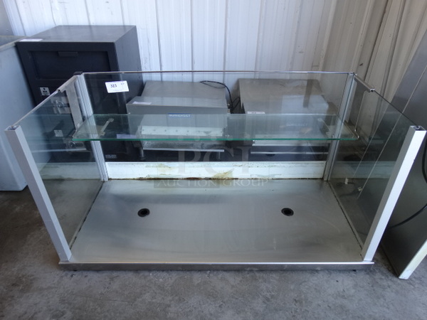 Commercial Countertop Sneeze Guard Set Up w/ Metal Base and Glass Shelf. 51x24x27
