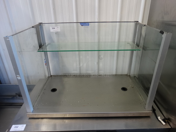 Commercial Countertop Sneeze Guard Set Up w/ Metal Base and Glass Shelf. 39.5x24x26.5