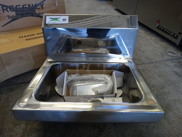 BRAND NEW IN BOX! Regency Stainless Steel Commercial Wall Mount Single Bay Sink. Comes w/ Faucet and Handles. 17x15x12