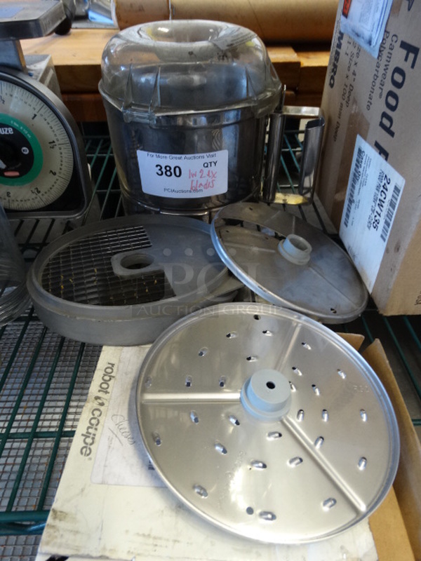 Metal Food Processor Bowl w/ Poly Dome Lid, S Blade, Slicing Blade, Shredding Blade and Cover Blade. Appears To Be Robot Coupe. 10x8x8