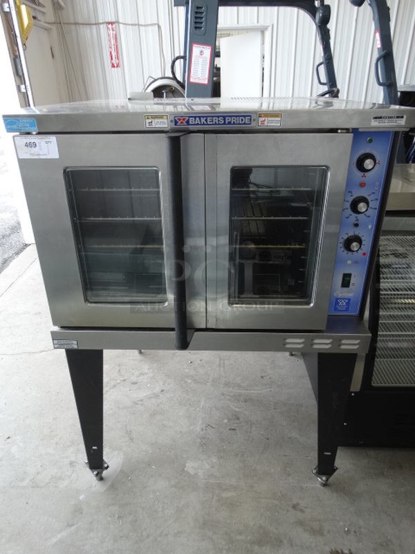 STUNNING! Baker's Pride Model GDCO-E1 Stainless Steel Commercial Electric Powered Full Size Convection Oven w/ View Through Doors, Metal Oven Racks and Thermostatic Controls on Metal Legs. 208 Volts, 1 Phase. 38x38x55