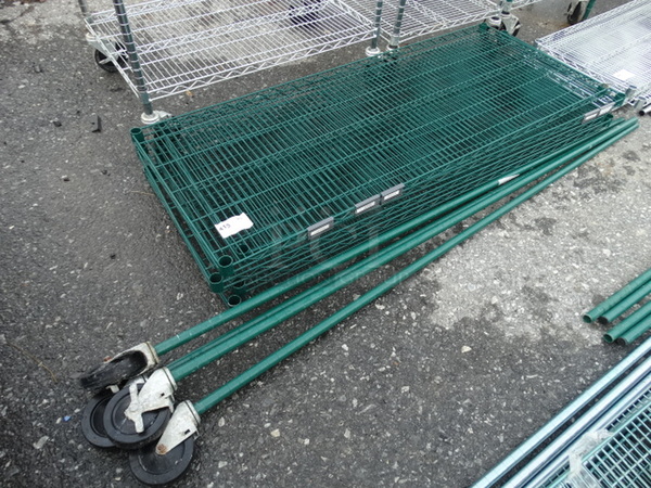 All One Money! Lot of 5 Metro Green Finish Shelves w/ 4 Poles on Commercial Casters. 60x24x79