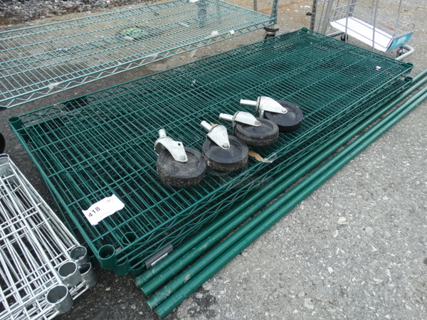 All One Money! Lot of 5 Metro Green Finish Shelves w/ 4 Green Finish Poles and 4 Commercial Casters! 60x24x79