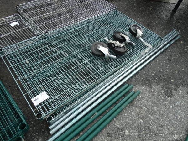 All One Money! Lot of 3 Green Chrome Shelves w/ 4 Green Chrome Poles and 4 Commercial Casters. 48x24x68