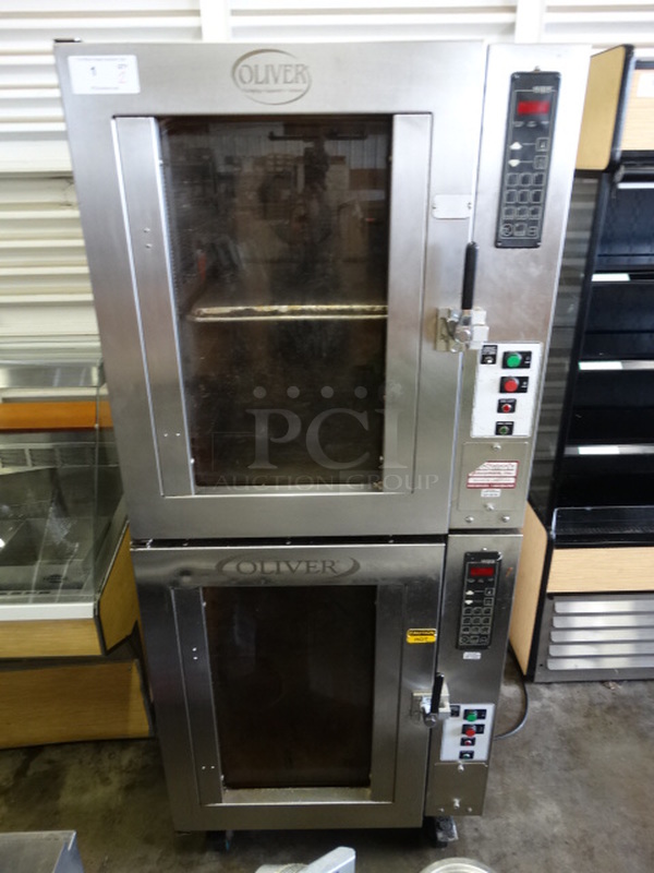 2 BEAUTIFUL! Oliver Model 690 Stainless Steel Commercial Electric Powered Convection Ovens w/ View Through Doors on Commercial Casters. 480 Volts, 3 Phase. 33x51x79. 2 Times Your Bid!