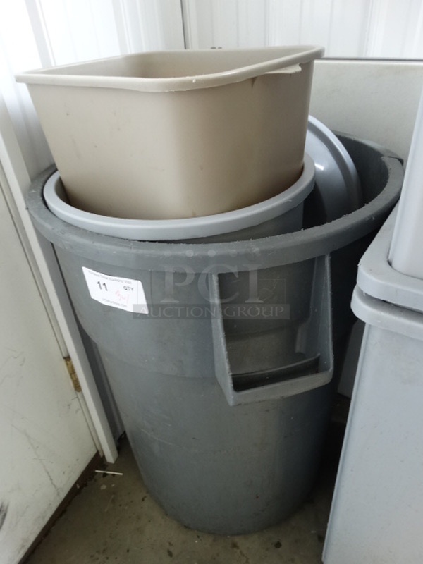 3 Various Poly Trash Cans w/ 1 Lid. Includes 27x25x31. 3 Times Your Bid!