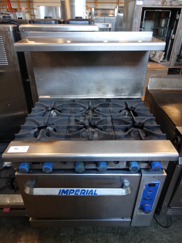FANTASTIC! Imperial Stainless Steel Commercial Gas Powered 6 Burner Range w/ Lower CONVECTION Oven and Stainless Steel Overshelf. 36x31x57