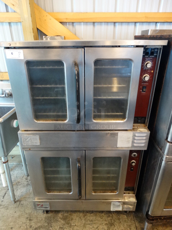 2 BEAUTIFUL! Southbend Stainless Steel Commercial Gas Powered Full Size Convection Ovens w/ View Through Doors, Metal Oven Racks and Thermostatic Controls on Commercial Casters. 38x34x65. 2 Times Your Bid! 