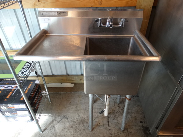 Stainless Steel Commercial Single Bay Sink w/ Left Side Drainboard, Faucet and Handles. 38x24x48. Bay 18x18x14. Drainboard 17x20x2