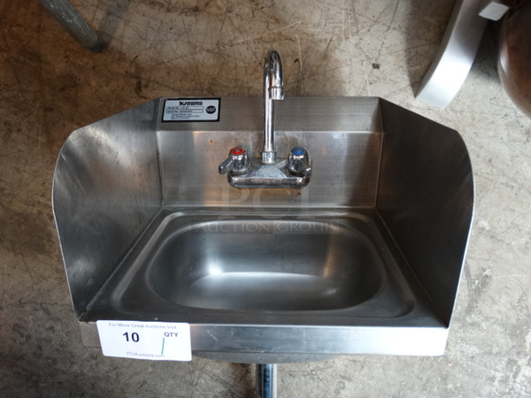 Stainless Steel Commercial Wall Mount Single Bay Sink w/ Faucet, Handles and Side Splash Guards. 16x16x22