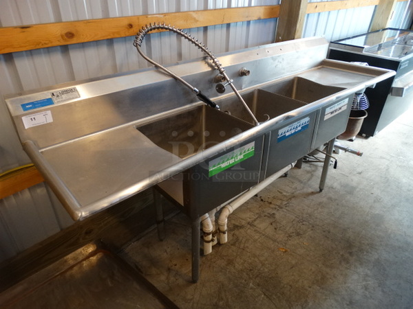 Stainless Steel Commercial 3 Bay Sink w/ Dual Drainboards, Faucet, Handles and Spray Nozzle. 89x24x42. Bays 18x18x11. Drainboards 17x20x2 